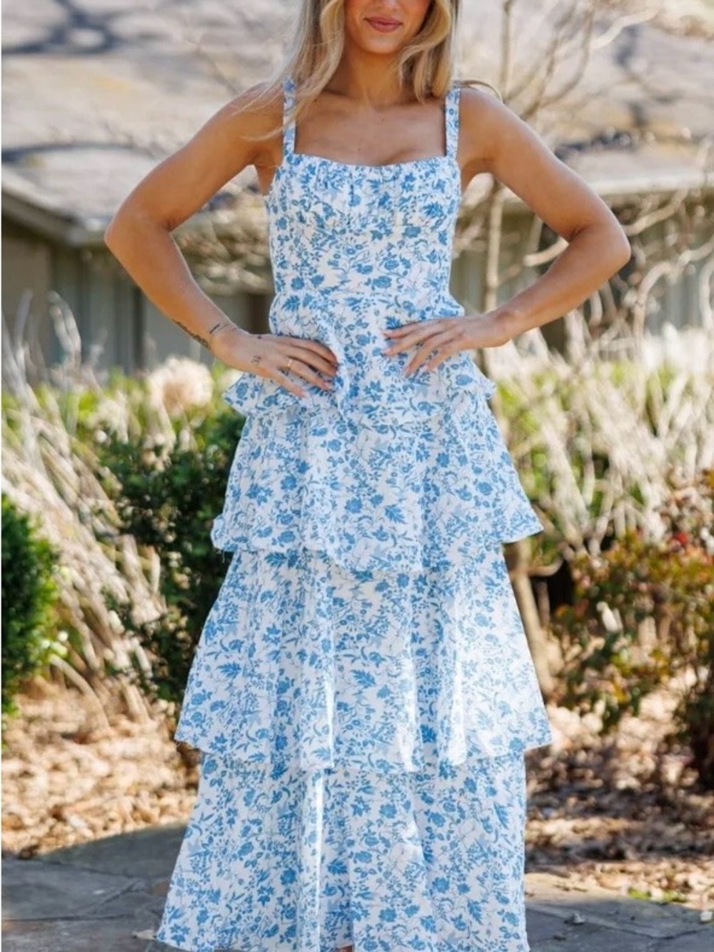 Blue Floral Tiered Maxi Dress with Square Neckline
